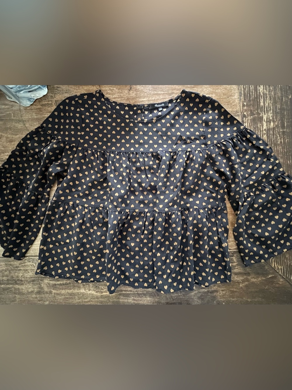 Madewell Silk Tiered Button-Back Top in Heart Flip Heart Print Blouse